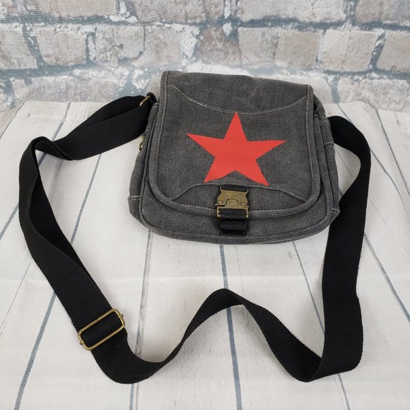 Vintage 90s Canvas Crossbody Bag Red Star Gray - Picture 13 of 13